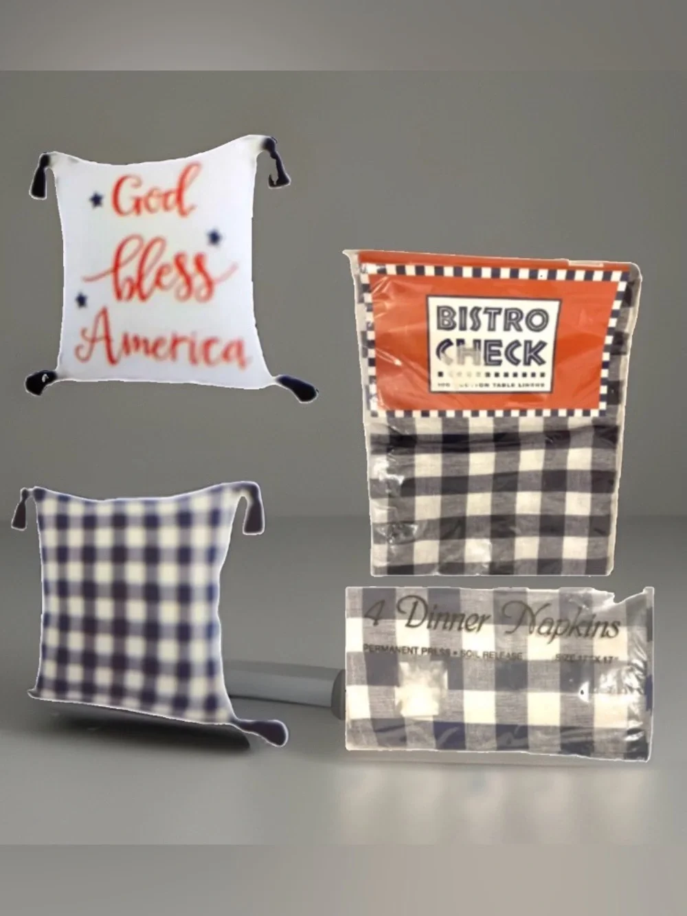 Tablecloth Round 60 in. & 4 Napkins God Bless America Pillow Cover Buffalo Check